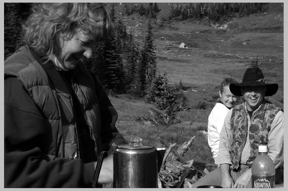 CLIFF CREGO | Morning Coffee Camp at Family Simmons—Joni & Mark, with daughter Holly, Hidden Lake, Eagle Cap Wilderness